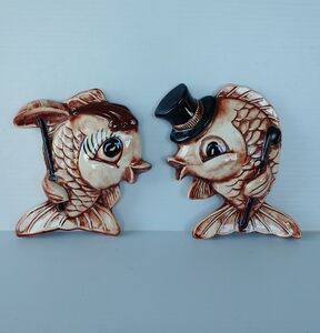 Vintage MCM Set Of 2 Anthropomorphic Ceramic Kitschy Fish Wall Hanging Plaque